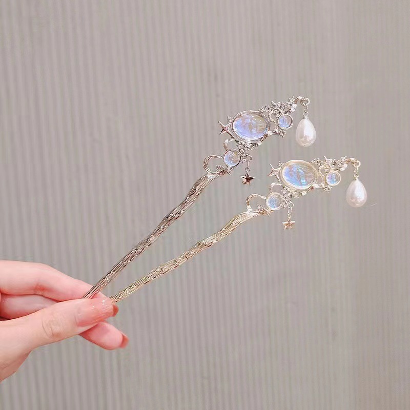 별과 진주 장식의 문스톤 머리핀 – 은색 머리꽂이, 빈 - Hair Care Ingredients 리뷰 및 가격